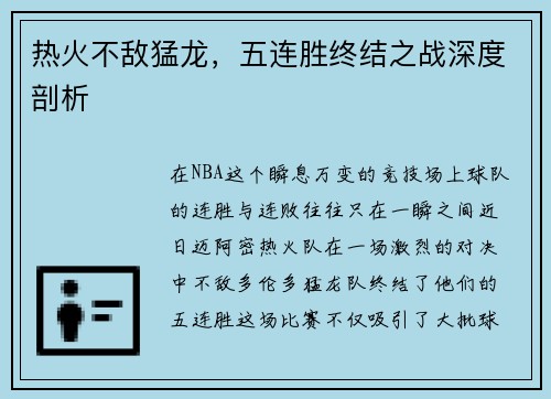热火不敌猛龙，五连胜终结之战深度剖析